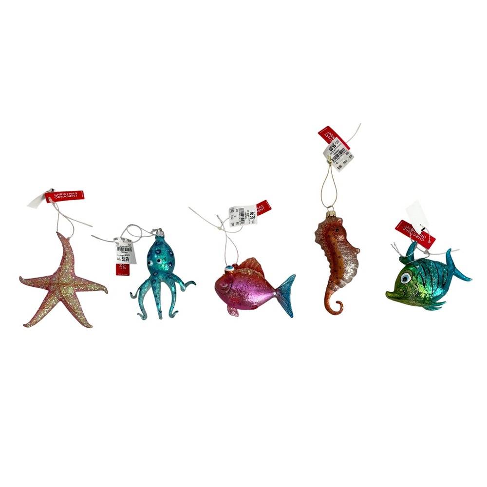 5pc Glass Sea Creature Christmas Ornaments Starfish Octopus Seahorse Fish Set
